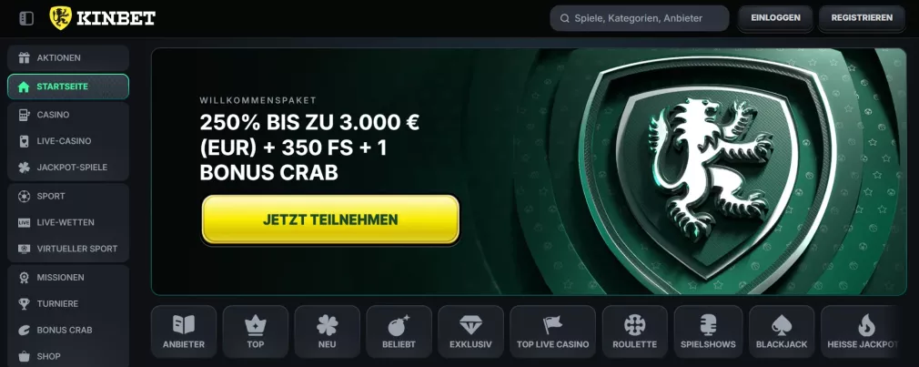 Kinbet Casino – 250% Willkommensbonus bis zu 3000 € + 350 Freispiele jetzt sichern